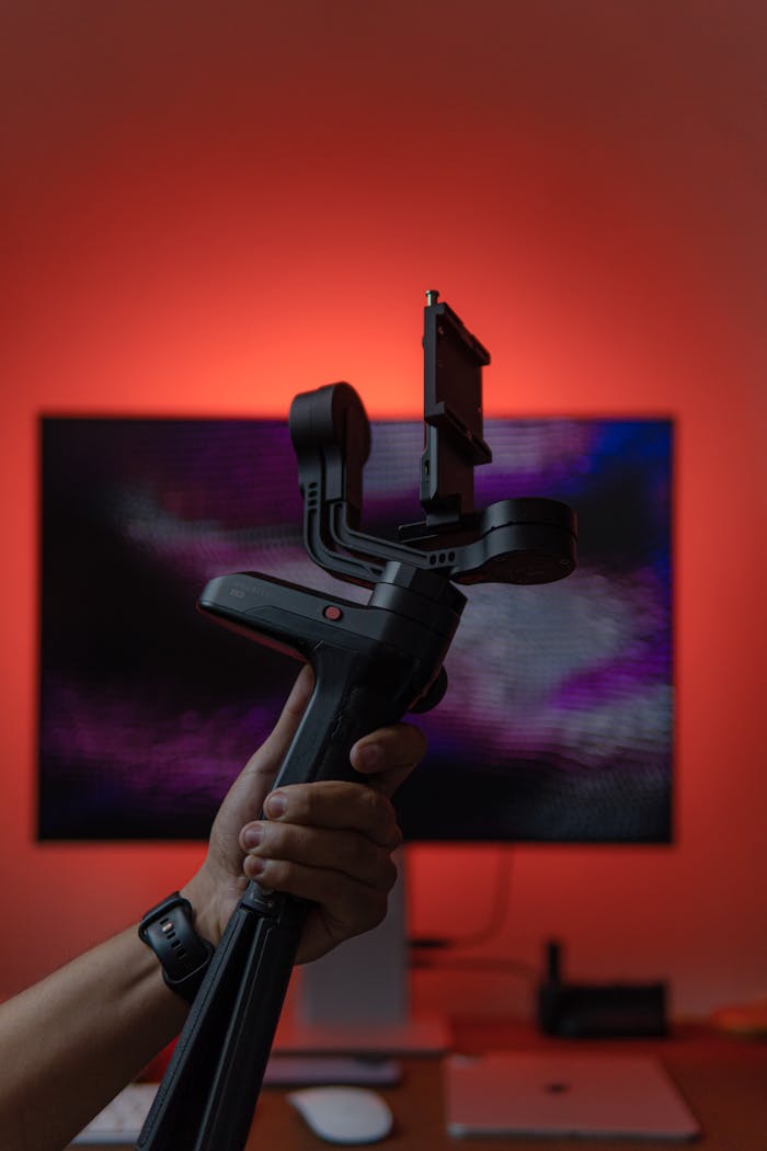 A hand holds a professional camera gimbal against a blurred background with ambient lighting.
